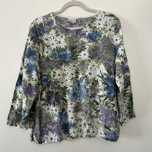 Hot Cotton Marc Ware Top Large Daisies Floral 100% Linen 3/4 Sleeve Lagenlook